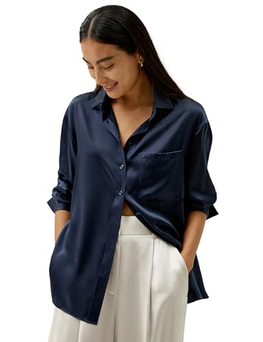 LilySilk Damen Reine Seidenbluse Bluse im Workwear-Stil mit einzelner Brusttasche und sichtbaren Nähten an Kragen und Knopfleiste(Dunkel Blau,XL) von LilySilk