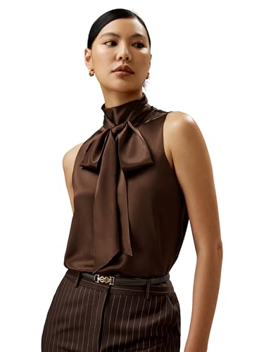 LilySilk Damen Reine Seidenbluse Frauen ärmellose lockere Passform mit selbstgebundenem Halsband Vielseitiges Oberteil, einfach zu kombinieren(Schokolade,S) von LilySilk