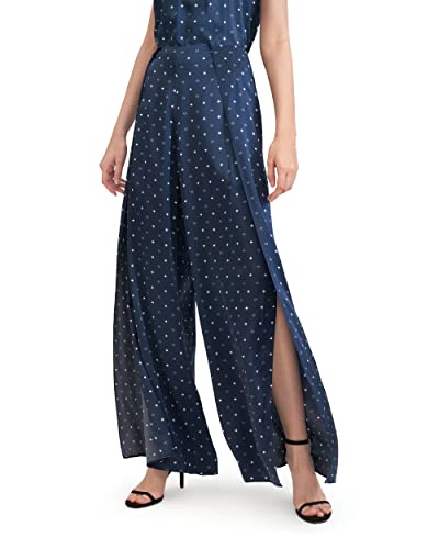 LilySilk Damen Reine Seidenhosen 19 Momme Elegante Weitbeinige Lange Hose(Weiße Diamanten In Blau,34-36) von LilySilk