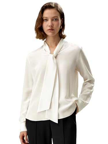 LilySilk Damen Reines Seidenhemd Seiden-Crêpe-de-Chine Bluse Mit Tiefem V-Ausschnitt und Schleifen-Detail Für Urlaub Party Arbeit Lässig(Papyrusweiß,M) von LilySilk