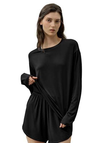 LilySilk Damen Seide Breeze Jersey Langarm Weiches Dehnbares Langarmshirt Rundhalsausschnitt und Oversized Fit Jeden Tag Kleidung Damen Basic Oberteile Tops Schwarz S von LilySilk