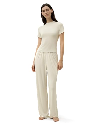 LilySilk Damen Seide Breeze Jersey Pyjama Set Slim Fit Kurzarm Top Lang Hosen Lounge Schlafwäsche Homewear Atmungsaktiv Sommer Schlafanzug Nachtwäsche Schlafanzüge Zweiteiler Lilienweiß S von LilySilk