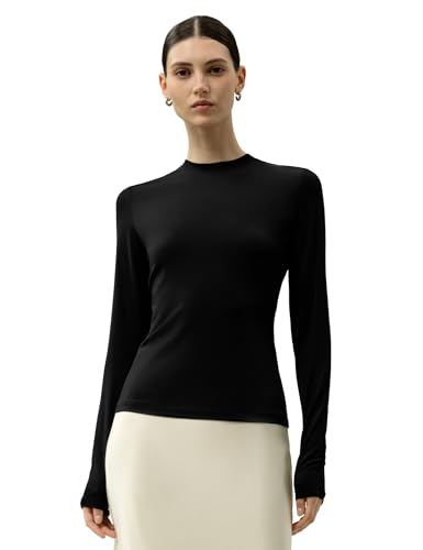 LilySilk Damen Seide Breeze Jersey Shirt Weiches Dehnbares Langarmshirt Rundhalsausschnitt Slim Fit für Jeden Tag Tshirt T Top Sommer Sportshirt Wandershirt Atmungsaktiv Women Oberteil Schwarz XL von LilySilk