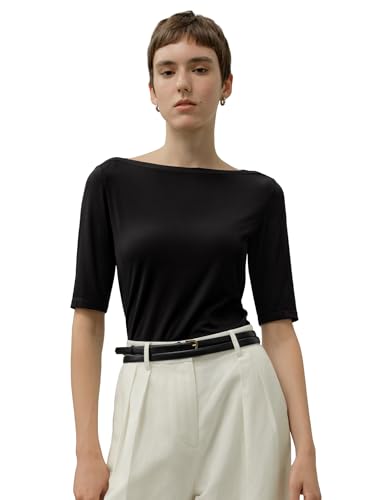LilySilk Damen Seide Breeze Jersey T Shirt Weiches Dehnbares Basic Top mit Bootshalsausschnitt und Slim Fit für Jeden Tag Tshirt Oberteil Womens Shirts Schwarz M von LilySilk