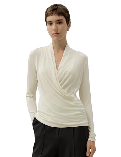 LilySilk Damen Seide Breeze Jersey Wickelbluse Weiches Dehnbares mit Langarm V Ausschnitt Wickelstyle für Jeden Tag Basic Wickeltop Langarmshirts Tshirt Langarmshirt Lilienweiß L von LilySilk
