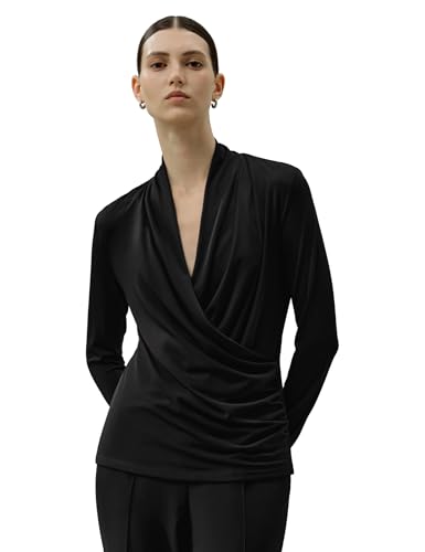 LilySilk Damen Seide Breeze Jersey Wickelbluse Weiches Dehnbares mit Langarm V Ausschnitt Wickelstyle für Jeden Tag Basic Wickeltop Langarmshirts Tshirt Langarmshirt Schwarz L von LilySilk