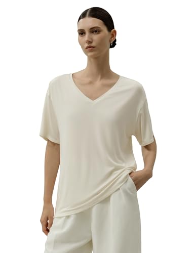 LilySilk Damen Seide Jersey T Shirt Vielseitiges Top mit Kurzarm und V Ausschnitt für Jeden Tag Sommer Tops Oberteile Basic Shirts Tshirt Summer Oberteil Top Sommertop Lilienweiß M von LilySilk
