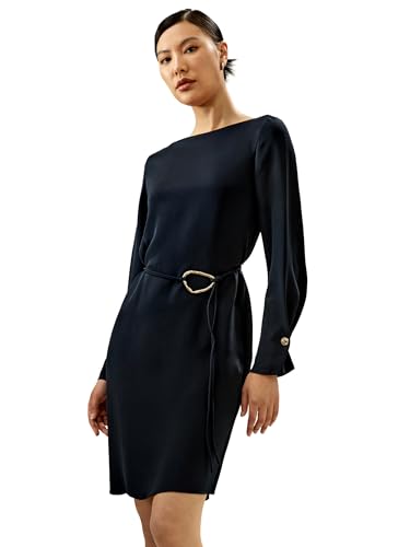 LilySilk Damen Seiden-Midi-Kleid Frauen 30MM Seidenkrepp de Chine Kleid mit Bootsausschnitt, Gürtel und überlappenden Manschetten für die Arbeit oder Party(Mitternachtsblau,M) von LilySilk