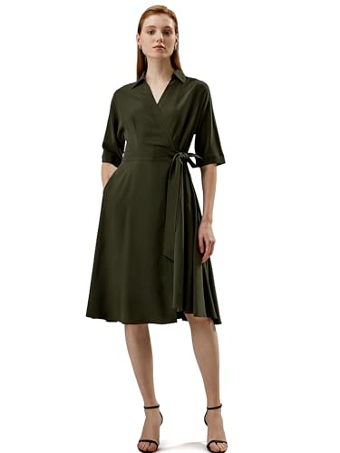 LilySilk Damen Seiden-Wrap-Kleid Frauen 18MM Maulbeerseiden-Wickelkleid mit halben Ärmeln und Schirmsaum für Freizeit oder Arbeit(Olivgrün,XS) von LilySilk
