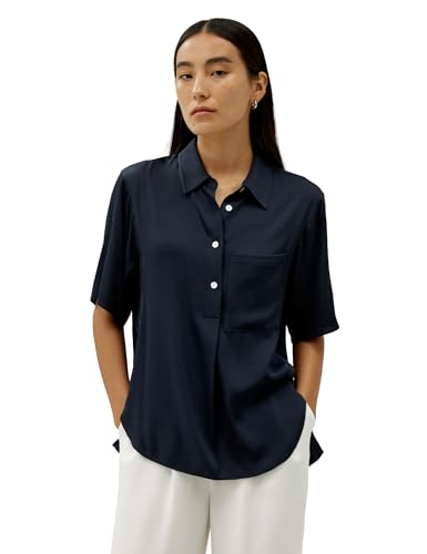 LilySilk Damen-Seidenbluse Kurzarm mit Halbstegknopfleiste und dezenten Seitentaschen für Freizeitlooks und Sommer-Events(Mitternachtsblau,L) von LilySilk