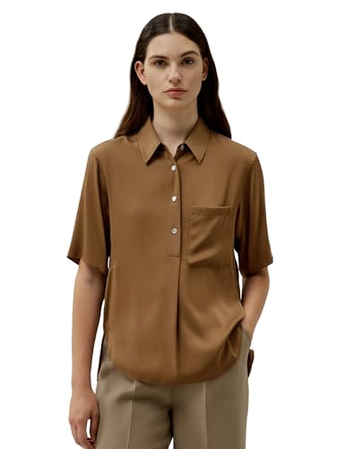 LilySilk Damen-Seidenbluse Kurzarm mit Halbstegknopfleiste und dezenten Seitentaschen für Freizeitlooks und Sommer-Events(Walnuss,L) von LilySilk