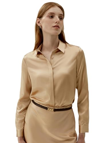 LilySilk Damen Seidenbluse mit Knopfleiste klassisches Oberteil mit spitzem Kragen und verdeckter Knopfleiste für Freizeit, Business und Verschiedene Anlässe(Braun,XS) von LilySilk