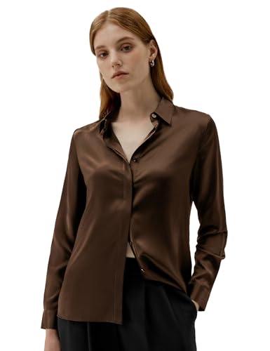 LilySilk Damen Seidenbluse mit Knopfleiste klassisches Oberteil mit spitzem Kragen und verdeckter Knopfleiste für Freizeit, Business und Verschiedene Anlässe(Schokolade,L) von LilySilk