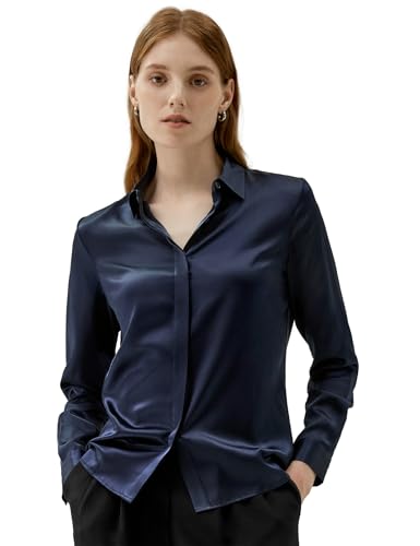 LilySilk Damen Seidenbluse mit Knopfleiste klassisches Oberteil mit spitzem Kragen und verdeckter Knopfleiste für Freizeit, Business und Verschiedene Anlässe(dunkelblau,M) von LilySilk