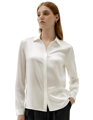 LilySilk Damen Seidenbluse mit Knopfleiste klassisches Oberteil mit spitzem Kragen und verdeckter Knopfleiste für Freizeit, Business und Verschiedene Anlässe(naturweiß,L) von LilySilk