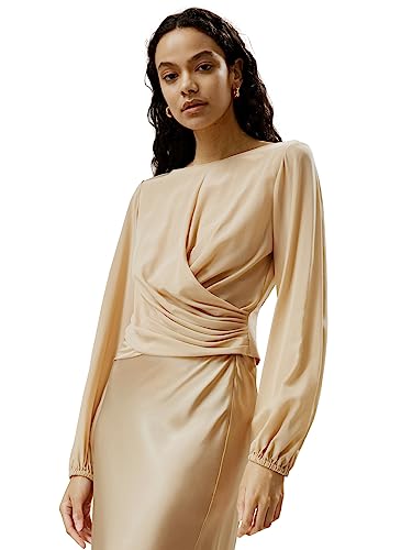 LilySilk Damen Seidenhemd Frauen 100% doppellagige Crêpe 18MM Seidenbluse mit Falten Taille, elastischen Bündchen und Puffärmeln(Gold,32/34 von LilySilk