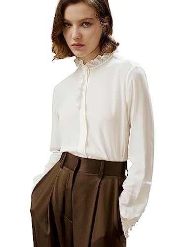 LilySilk Damen Seidenhemd Frauen 100% doppellagige Crêpe Seidenbluse mit dekorativen Rüschen für Freizeit(Lilienweiß,38 von LilySilk