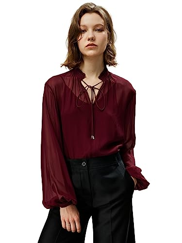 LilySilk Damen Seidenhemd Frauen 10MM Georgette Bluse mit plissiertem Ausschnitt und Puffärmeln Mädchen Krawatte vorne Kordelzug Top(Ochsenblut,L von LilySilk