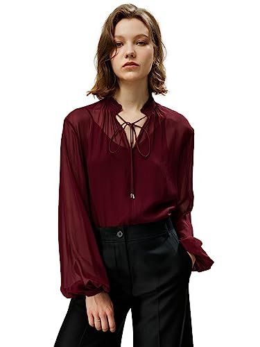 LilySilk Damen Seidenhemd Frauen Georgette Bluse mit plissiertem Ausschnitt und Puffärmeln Mädchen Krawatte vorne Kordelzug Top(Ochsenblut,L von LilySilk