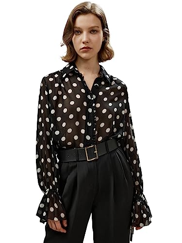 LilySilk Damen Seidenhemd Frauen weiße Dot Print Bluse mit Schleifen Ärmeln und Rüschen Knopfleiste am Knopfverschluss leicht und glatt(Schwarz mit weißen Punkten,L von LilySilk