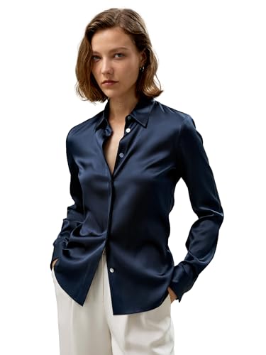 LilySilk Damen Seidenhemd Klassische Bluse Mit Verdecktem Knopfverschluss und Tailliertem Rückenteil-Design Für Verschiedene Anlässe(Dunkel Blau,XL) von LilySilk