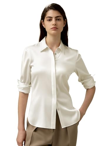 LilySilk Damen Seidenhemd Klassische Bluse Mit Verdecktem Knopfverschluss und Tailliertem Rückenteil-Design Für Verschiedene Anlässe(Papyrusweiß,M) von LilySilk