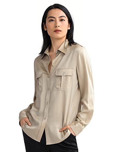 LilySilk Damen Seidenhemd Langarmbluse Seidenbluse Seidenshirt Damenbluse V-Ausschnitt Hemdbluse aus sandgewaschener 22MM Seide für Arbeit Reisen(Taupe,L) von LilySilk