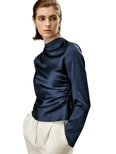LilySilk Damen Seidenhemd langärmelig Mulberry-Seidenbluse elegant Casual mit charmantem schrägen Wellenmuster(Dunkel Blau,36) von LilySilk