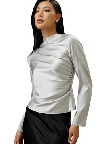 LilySilk Damen Seidenhemd langärmelig Mulberry-Seidenbluse elegant Casual mit charmantem schrägen Wellenmuster(Silber Grau,34) von LilySilk