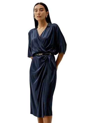 LilySilk Damen Seidenkleid mit V-Ausschnitt und Wickelschnitt in weiter Passform für Business und Freizeit(Dunkel Blau,L) von LilySilk
