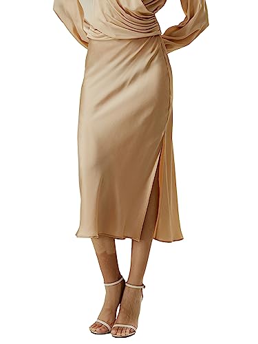 LilySilk Damen Seidenrock mit Schlitz Midi Rock für Frühling Sommer(Hell Kamel,38) von LilySilk