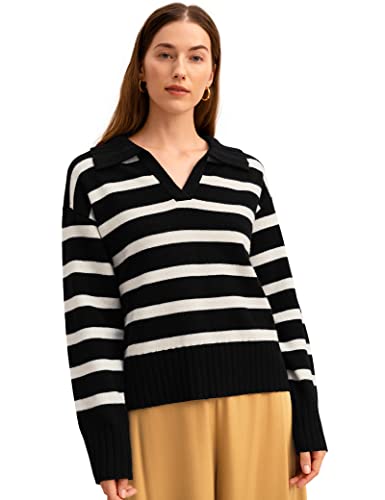 LilySilk Damen Streifen Pulli Strickpullover Sweatshirt 100% Merinowolle Polo Pullover für Herbst Winter(Schwarz -Weiß -Streifen,L) von LilySilk