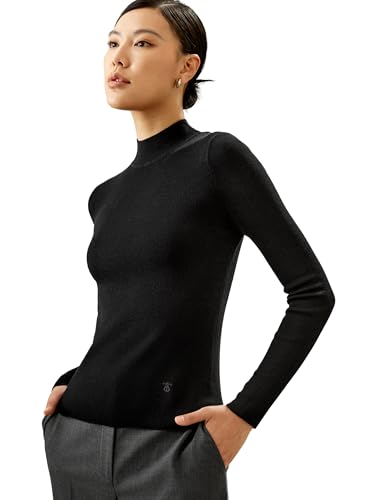 LilySilk Damen Strickpullover aus Seide-Kaschmir-Mix mit halbem Kragen Slim fit Basic-Shirt für den Winter weiche Pullis Lange Ärmel(Schwarz,M) von LilySilk