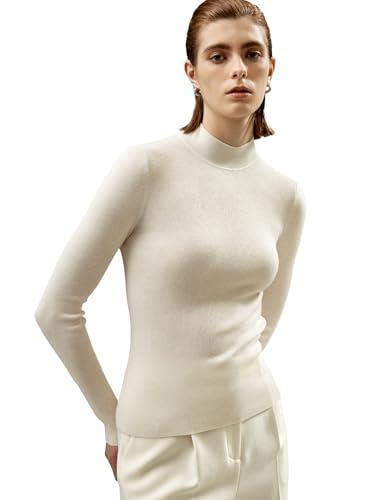 LilySilk Damen Strickpullover aus Seide-Kaschmir-Mix mit halbem Kragen Slim fit Basic-Shirt für den Winter weiche Pullis Lange Ärmel(Weiß,M) von LilySilk