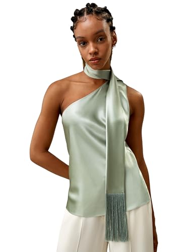 LilySilk Damen-Tanktop aus Reiner Seide One-Shoulder-Weste mit selbstbindendem Quastenschal am Hals für anmutigen und lässigen Stil(Wassergrün,38) von LilySilk