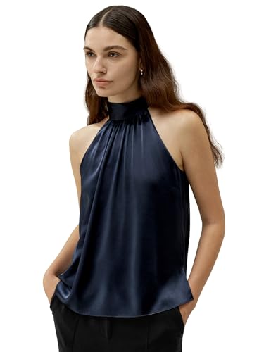 LilySilk Damen Trägerneck Seidenbluse Ärmellose Festtagsbluse mit Rüschenhalsausschnitt Präzisionsschnitt für Urlaub und Festlichkeit(Dunkel Blau,XS) von LilySilk