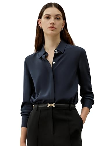 LilySilk Damen echte Seidenbluse Klassische Maulbeerseiden Bluse mit Knopfschluss und Verdeckter Knopfleiste für Arbeit Urlaub und Freizeit(Mitternachtsblau,M) von LilySilk