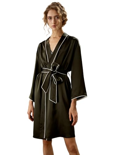LilySilk Damen reine Seidenrobe Frau Lange Ärmel Kontrastpaspel Nachtwäsche mit Gürtel Schlafanzug Loungewear für Zuhause(Dunkles Oliv,S) von LilySilk