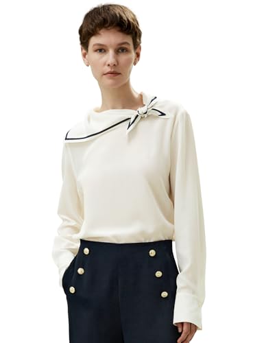 LilySilk Damen reines Seidenhemd Frau 18MM sandgewaschene Maulbeerseide Bluse mit halbfestem Kragen und marineblauen Streifen für Verschiedene Veranstaltungen(Papyrusweiß,XL) von LilySilk