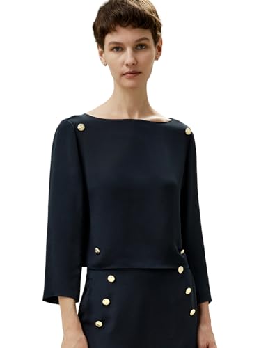 LilySilk Damen reines Seidenhemd Frau 30MM Maulbeerseide Bluse mit goldfarbenen Knöpfen verzierten Dreiviertel-Ärmeln und Bootsausschnitt(Mitternachtsblau,36) von LilySilk