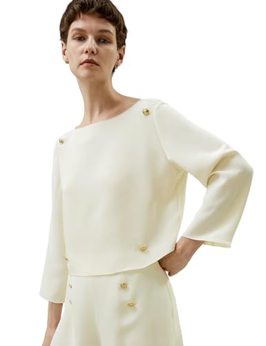 LilySilk Damen reines Seidenhemd Frau 30MM Maulbeerseide Bluse mit goldfarbenen Knöpfen verzierten Dreiviertel-Ärmeln und Bootsausschnitt(Natürliches Weiß,38) von LilySilk