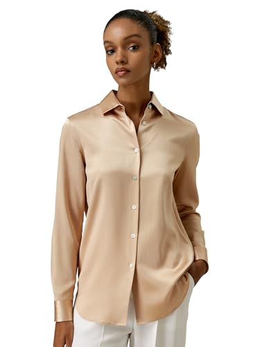LilySilk Damen reines Seidenhemd Frauen Klassische Bluse mit spitzem Kragen und Perlmuttknopf für Freizeit und Arbeit(Hell Kamel,L) von LilySilk