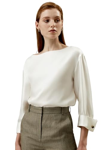LilySilk Damen reines Seidenhemd Frauen Seiden-Twill-Bluse mit Bootsausschnitt und Dreiviertelärmeln Oversize-Top für Arbeit und Freizeit(Papyrusweiß,L) von LilySilk