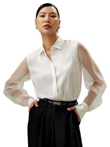 LilySilk Damen reines Seidenhemd Frauen modernes Blusenmodell mit klaren, durchsichtigen Ärmeln und glattem Hauptteil für jeden Anlass(Papyrusweiß,M) von LilySilk