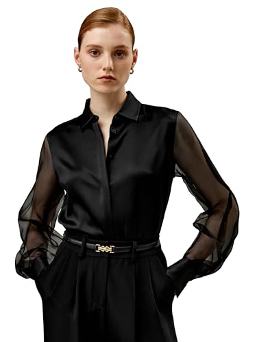 LilySilk Damen reines Seidenhemd Frauen modernes Blusenmodell mit klaren, durchsichtigen Ärmeln und glattem Hauptteil für jeden Anlass(Schwarz,L) von LilySilk