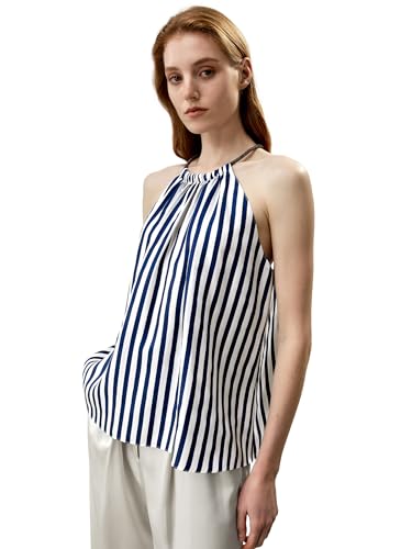 LilySilk Damen reines Seidenwesten-Top 16MM Twill-Seide, ärmelloses Halfter-Bluse mit Nadelstreifenmuster für den Sommer und vielfältige Anlässe(Blau-Weiß Nadelstreifen,M) von LilySilk