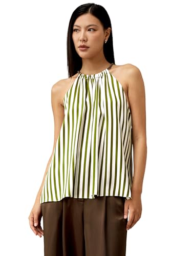 LilySilk Damen reines Seidenwesten-Top 16MM Twill-Seide, ärmelloses Halfter-Bluse mit Nadelstreifenmuster für den Sommer und vielfältige Anlässe(Grün-Weiße Nadelstreifen,L) von LilySilk