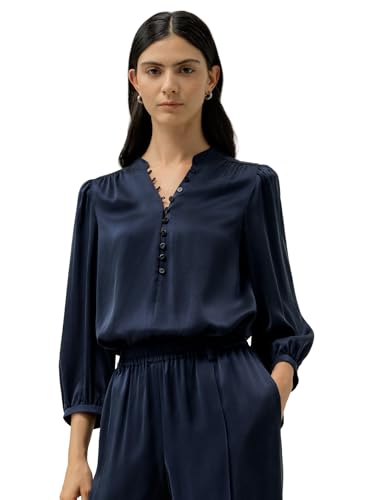 LilySilk Damenbluse Seiden-Suede V-Ausschnitt Elegante Langarm-Bluse mit Knopfleiste(Dunkel Blau,XL) von LilySilk