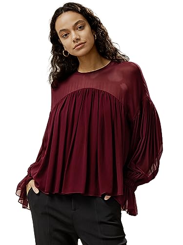 LilySilk Damenreines Seidenhemd Damen Rüschenbluse mit transparenter Schulterpartie Mädchen mit Langen Volantärmeln Rundhalsausschnitt Freizeitkleidung(Ochsenblut,XL) von LilySilk