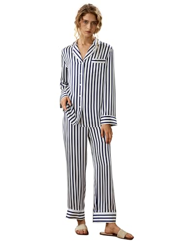 LilySilk Das Amalfi Knopfleisten-Pyjama-Set in voller Länge für Damen 19 Momme 100% Reine Seiden-Schlafbekleidung(Blau-Weiß Nadelstreifen,L) von LilySilk